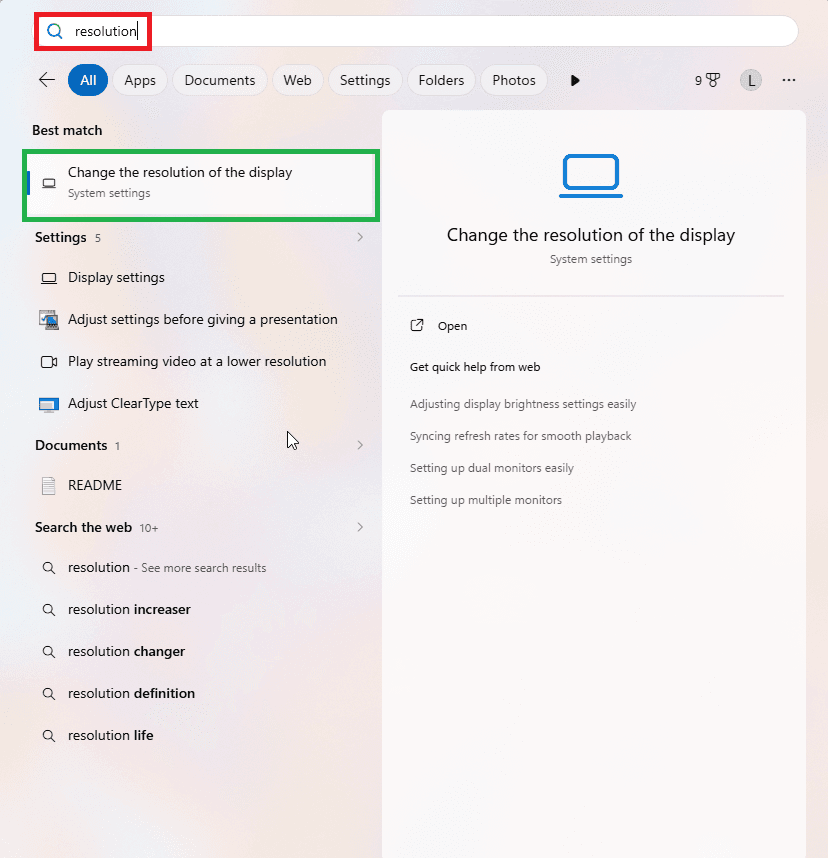 Windows 11 Start menu search for resolution with Change the resolution of the display highlighted
